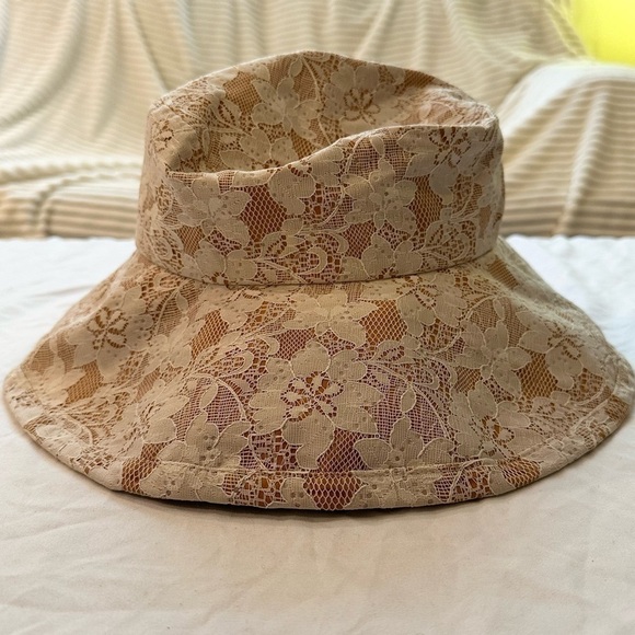 Nazareno Gabrielli Lace Wide Brim Bucket Hat Italy RARE OOAK nude tan beige main image 5
